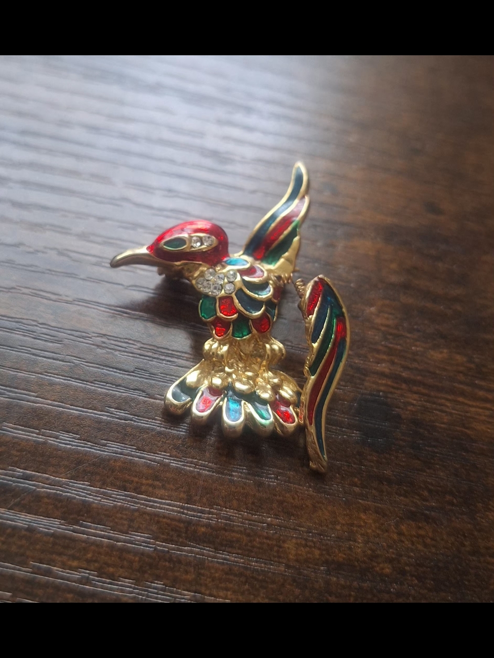 1.5" Vintage Hummingbird Rhinestone Enamel Pin Red Blue Green Spring Wing - Picture 1 of 6